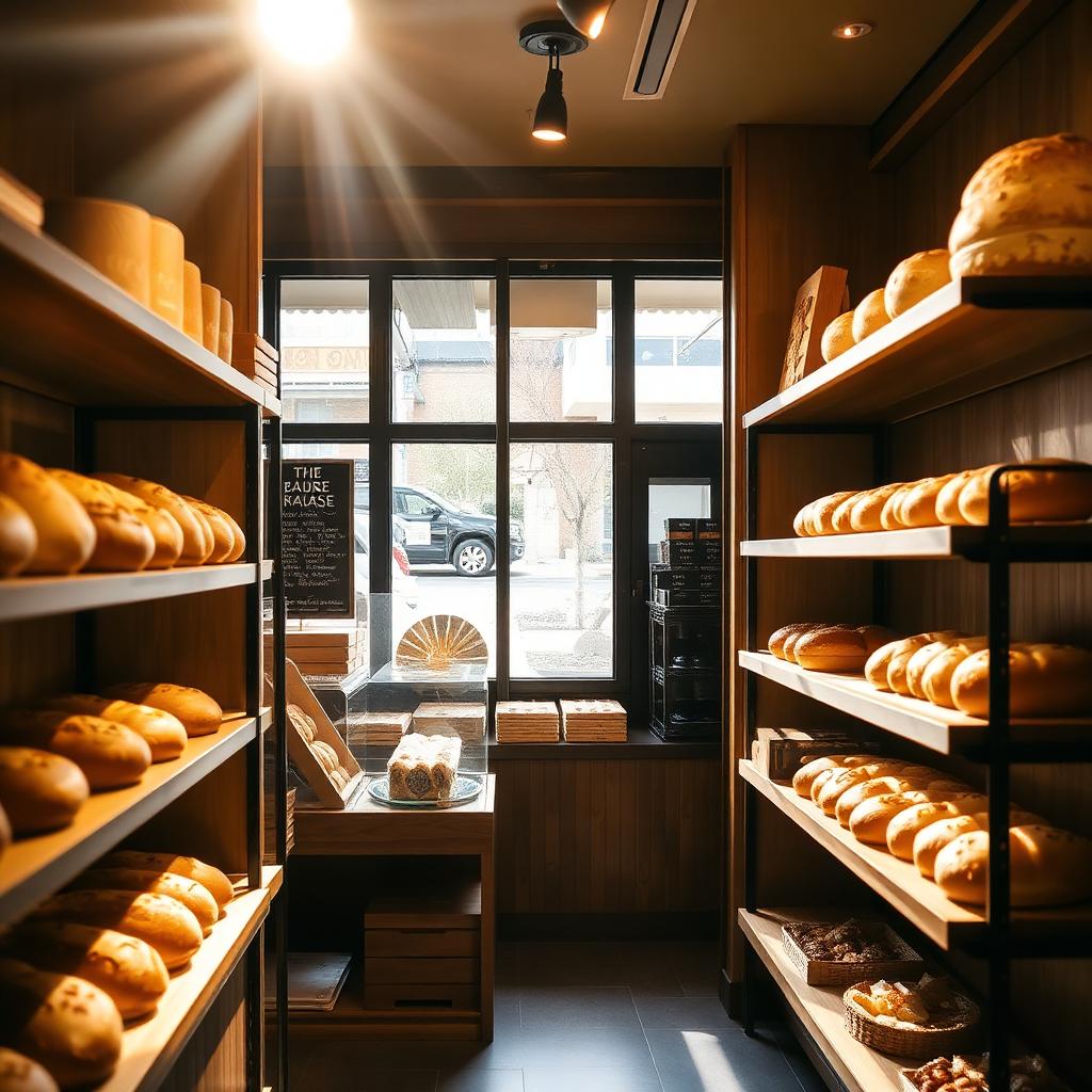 Inside Sakuraya bakery in Nagoya, morning light on wooden shelves of bread
